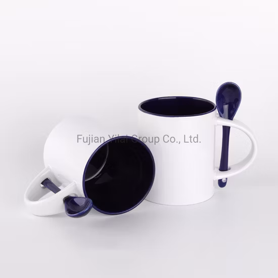 Copo de café personalizado de 11 onças de alta qualidade com cor interna para beber colher revestida alça de sublimação caneca de cerâmica