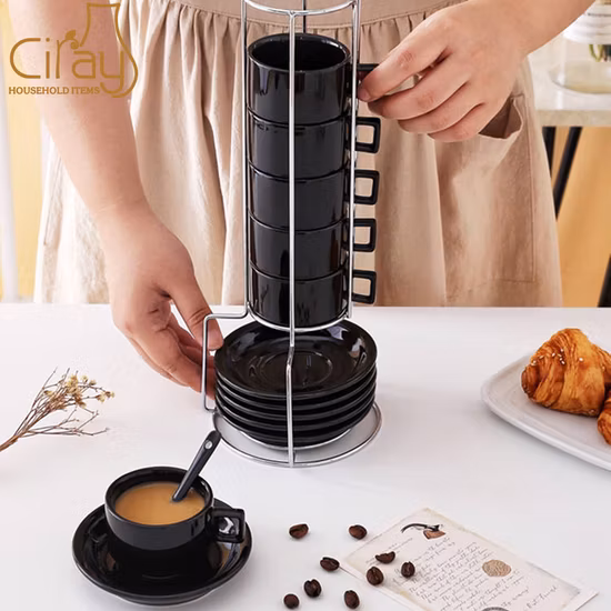 Conjunto de 6 xícaras de café expresso de cerâmica empilháveis ​​de 85 ml com pires e suporte de metal de 3 onças para café